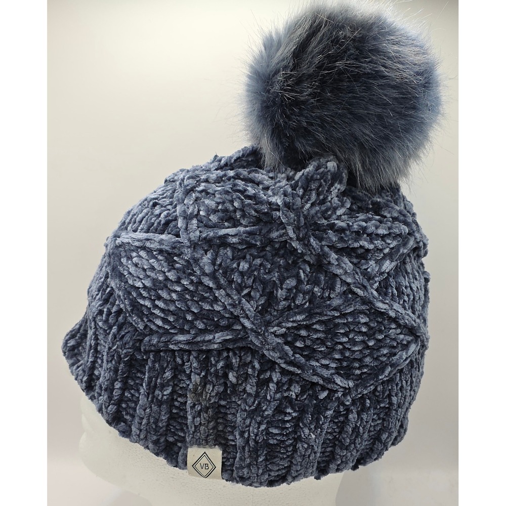 Vera Bradley Chenille Chunky Cable Knit Beanie Blue Faux Fur Pom Pom Winter Hat
